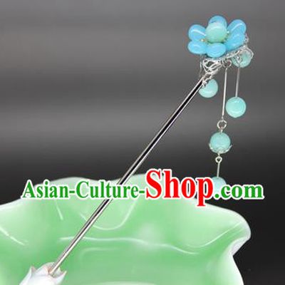 Chinese Ancient Handmade Hair Accessories Blue Beads Tassel Step Shake Hair Stick Hairpins for Women