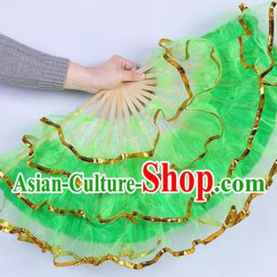 Chinese Folk Dance Props Accessories Stage Performance Yangko Green Folding Fans for Women