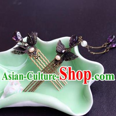 Chinese Ancient Handmade Hair Accessories Classical Purple Crystal Tassel Hairpins Butterfly Hair Comb for Women