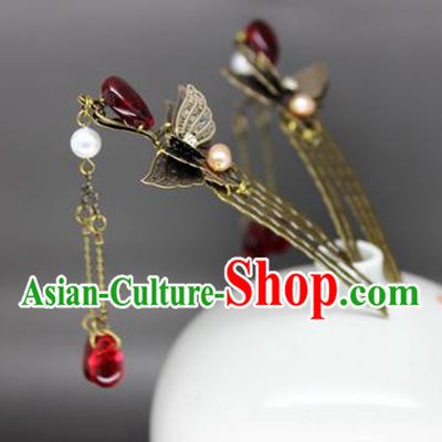 Chinese Ancient Handmade Hair Accessories Classical Red Crystal Tassel Hairpins Butterfly Hair Comb for Women