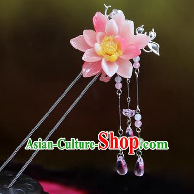 Chinese Ancient Handmade Hair Accessories Hairpins Classical Hanfu Pink Flowers Step Shake for Women