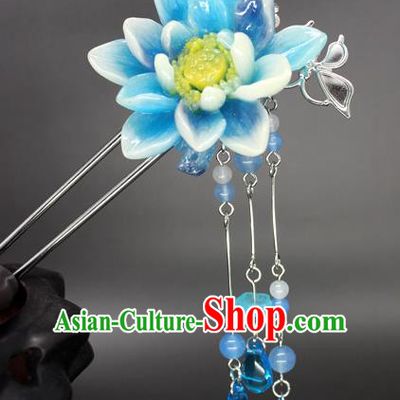 Chinese Ancient Handmade Hair Accessories Hairpins Classical Hanfu Blue Flowers Step Shake for Women