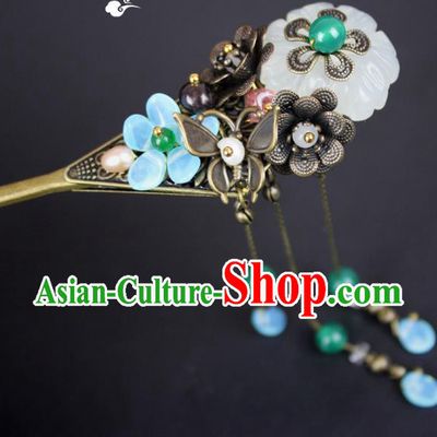 Chinese Ancient Handmade Hair Accessories Hairpins Classical Hanfu Green Beads Step Shake for Women