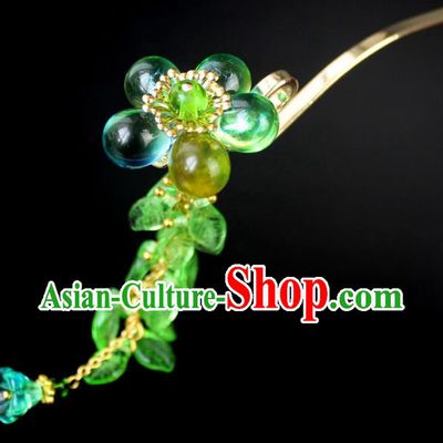 Chinese Ancient Handmade Hair Accessories Green Coloured Glaze Step Shake Classical Hanfu Hairpins for Women
