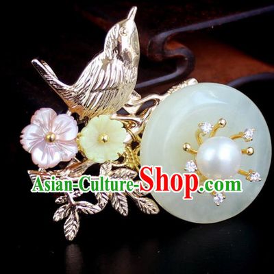 Chinese Ancient Handmade Accessories Breastpin Flowers Jade Brooch for Women