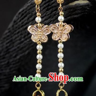 Chinese Ancient Handmade Accessories Earrings Golden Butterfly Tassel Eardrop for Women