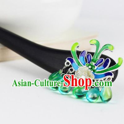 Chinese Ancient Handmade Hair Accessories Green Beads Tassel Hair Clip Classical Hanfu Hairpins for Women