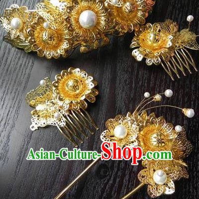 Chinese Handmade Ancient Wedding Hair Accessories Classical Hanfu Golden Hairpins Complete Set for Women