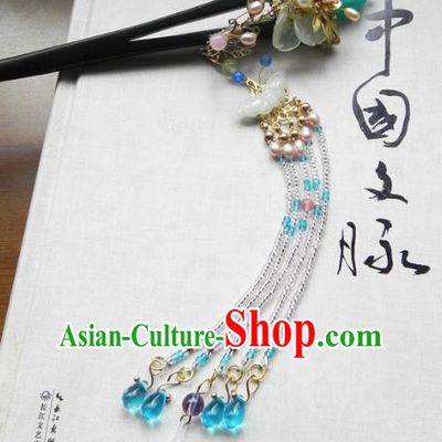 Chinese Ancient Hanfu Handmade Blue Beads Tassel Hairpins Hair Accessories Ebony Hair Clip for Women