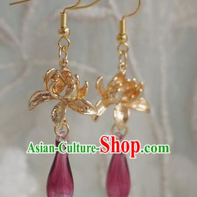 Chinese Handmade Ancient Golden Lotus Earrings Accessories Hanfu Crystal Eardrop for Women