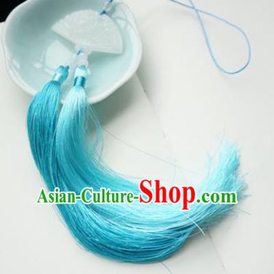 Chinese Handmade Ancient Palace Fan-Shape Waist Accessories Hanfu Blue Tassel Jade Pendant for Women