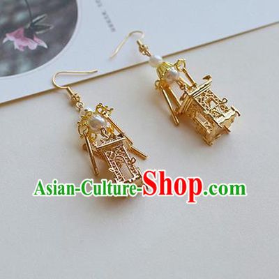 Chinese Handmade Ancient Jewelry Accessories Eardrop Hanfu Golden Pavilion Tassel Earrings for Women