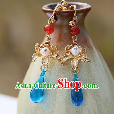 Chinese Handmade Ancient Jewelry Accessories Eardrop Hanfu Blue Crystal Lotus Earrings for Women