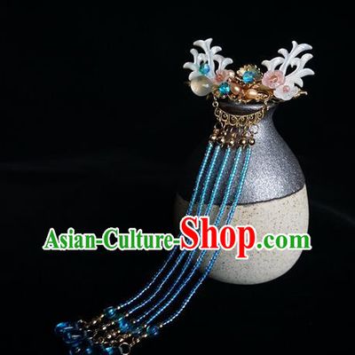 Chinese Ancient Handmade Hanfu Blue Beads Tassel Hairpins Step Shake Hair Accessories for Women