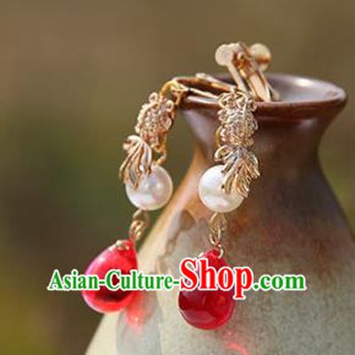 Chinese Handmade Ancient Jewelry Accessories Red Crystal Eardrop Hanfu Earrings for Women