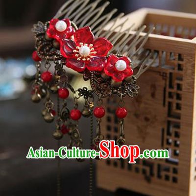 Chinese Ancient Handmade Hanfu Classical Hairpins Red Flowers Hair Comb Palace Lady Hair Accessories for Women