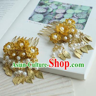 Chinese Ancient Handmade Hanfu Classical Tassel Hairpins Palace Lady Golden Leaf Hair Combs Hair Accessories for Women