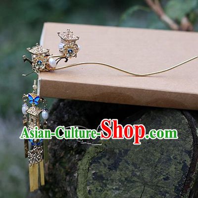 Chinese Ancient Handmade Hanfu Classical Tassel Hairpins Palace Lady Blueing Butterfly Hair Clip Hair Accessories for Women