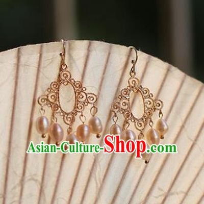 Chinese Handmade Ancient Jewelry Accessories Eardrop Hanfu Pearl Tassel Earrings for Women