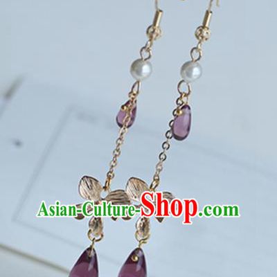 Chinese Handmade Ancient Jewelry Accessories Eardrop Hanfu Purple Beads Long Tassel Earrings for Women