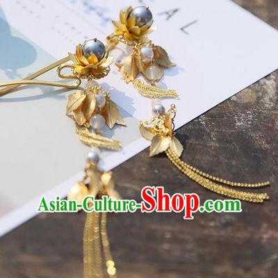 Chinese Ancient Handmade Hanfu Hairpins Palace Lady Golden Tassel Step Shake Hair Accessories for Women