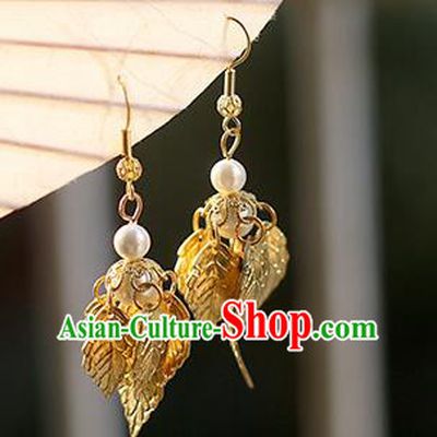 Chinese Handmade Ancient Jewelry Accessories Golden Leaf Eardrop Hanfu Earrings for Women