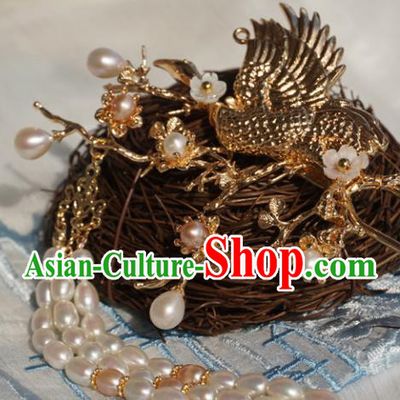 Chinese Ancient Handmade Hanfu Crane Hairpins Hair Accessories Pearls Tassel Step Shake for Women