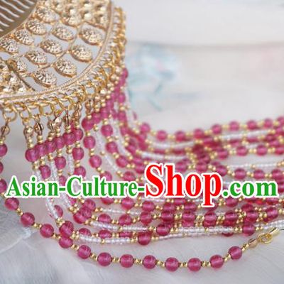 Chinese Ancient Handmade Hanfu Rosy Beads Tassel Hair Comb Hairpins Hair Accessories for Women