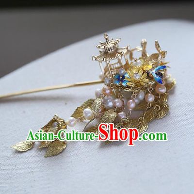 Chinese Ancient Hanfu Handmade Golden Leaf Tassel Hairpins Palace Lady Hair Clip Hair Accessories for Women