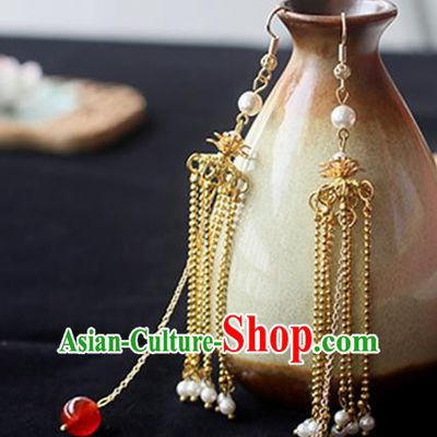 Chinese Handmade Ancient Jewelry Accessories Golden Eardrop Hanfu Long Tassel Earrings for Women