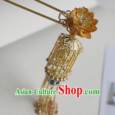 Chinese Ancient Hanfu Handmade Tassel Hair Clips Golden Lotus Hairpins Hair Accessories for Women