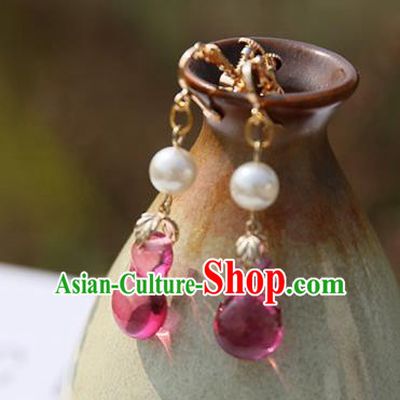 Chinese Handmade Ancient Jewelry Accessories Rosy Beads Eardrop Hanfu Earrings for Women