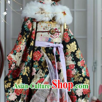Traditional Asian Japan Costume Japanese Courtesan Black Kimono Vibration Sleeve Kimono for Women