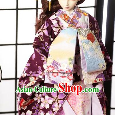 Traditional Asian Japan Costume Japanese Courtesan Iromuji Kimono Purple Sakura Vibration Sleeve Kimono for Women