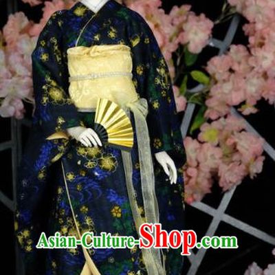 Traditional Asian Japan Costume Japanese Courtesan Iromuji Kimono Deep Blue Vibration Sleeve Kimono Clothing for Women