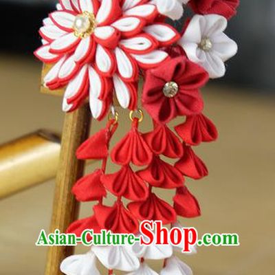 Traditional Asian Japan Hair Accessories Red Flowers Tassel Hairpins Japanese Fashion Apparel Kimono Headwear for Women
