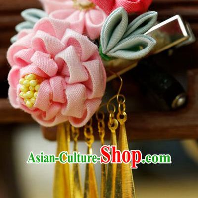 Traditional Asian Japan Hair Accessories Pink Flowers Tassel Hairpins Japanese Fashion Apparel Kimono Headwear for Women