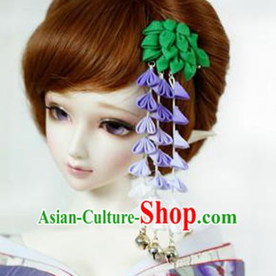Traditional Asian Japan Hair Accessories Green Flowers Tassel Hairpins Japanese Fashion Apparel Kimono Headwear for Women