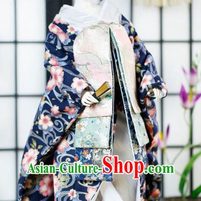 Traditional Asian Japan Costume Japanese Iromuji Kimono Blue Vibration Sleeve Kimono Clothing for Women