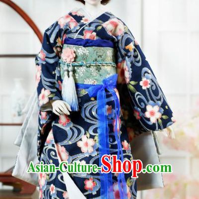 Traditional Asian Japan Costume Japanese Iromuji Kimono Deep Blue Vibration Sleeve Kimono Clothing for Women