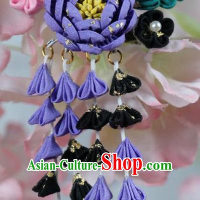 Traditional Asian Japan Hair Accessories Purple Flowers Tassel Hairpins Japanese Kimono Headwear for Women