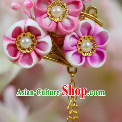 Traditional Asian Japan Hair Accessories Courtesan Pink Flowers Hairpins Japanese Kimono Headwear for Women