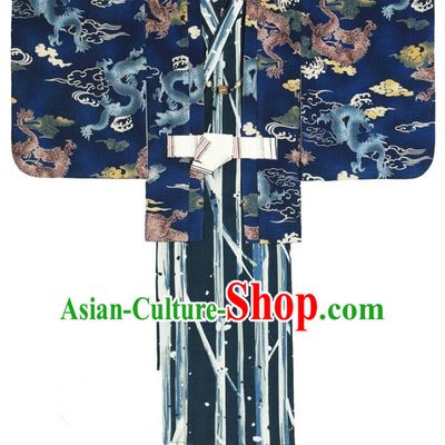 Traditional Asian Japan Costume Japanese Prince Kimono Blue Yukata Haori Hakama Clothing for Men