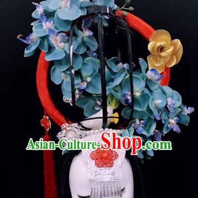 Top Grade China Blue Flowers Hair Accessories Halloween Stage Performance Deluxe Headwear for Women