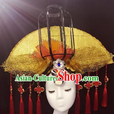 Top Grade China Style Deluxe Palace Hair Accessories Fan-shape Headdress Halloween Stage Performance Headwear for Women