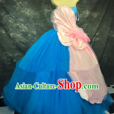 Top Grade Stage Performance Catwalks Costume Blue Bubble Dress Full Dress for Women