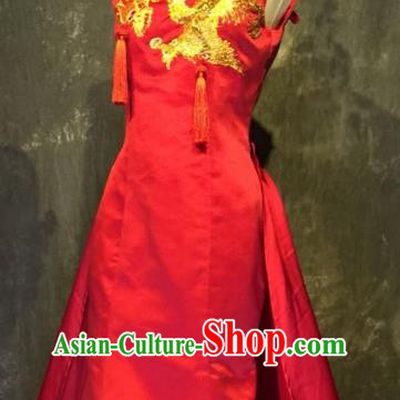 Top Grade Stage Performance Catwalks Embroidered Costume Wedding Red Full Dress Clothing for Women