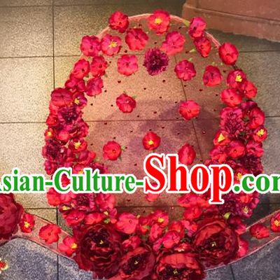 Top Grade China Ancient Palace Hair Accessories Red Flowers Hair Crown Halloween Stage Performance Headdress for Women