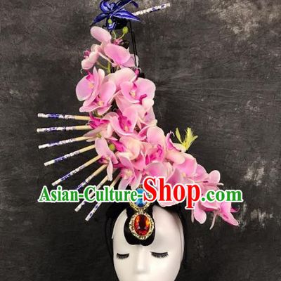 Top Grade China Ancient Pink Flowers Hair Accessories Palace Hair Crown Stage Performance Headdress for Women