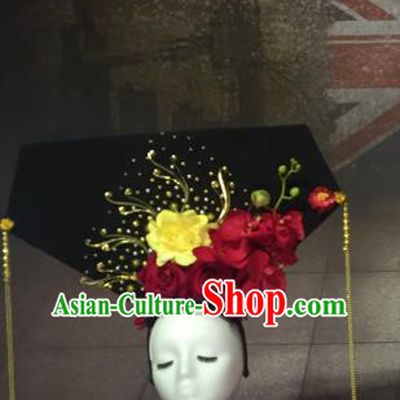 Top Grade China Catwalks Hair Accessories Qing Dynasty Red Flowers Headwear Stage Performance Headdress for Women